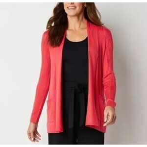 Liz Claiborne Cardigan Sweater Womens Teaberry Pink Open Front Knit Pockets NWT